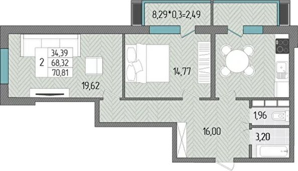 Планировка 2-комн 70,81 м²