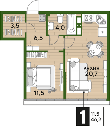 Планировка 1-комн 46,2 м²