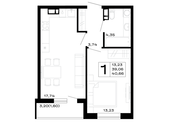 Планировка 1-комн 40,66 м²
