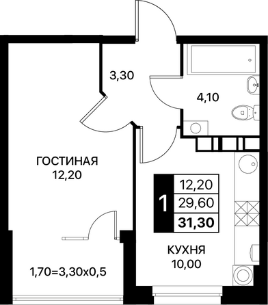 Планировка 1-комн 31,3 - 32 м²