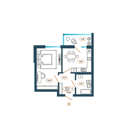 Планировка 1-комн 37,28 м²