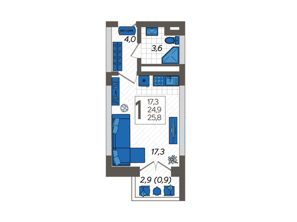 Планировка 1-комн 25,8 м²