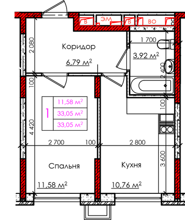 Планировка 1-комн 33,05 м²