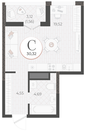 Планировка Студия 30,32 м²