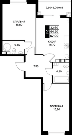 Планировка 2-комн 67 м²