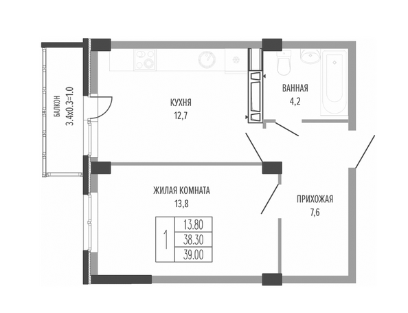 Планировка 1-комн 39 м²