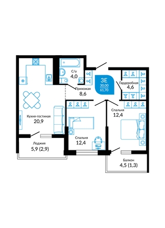 Планировка 2-комн 67,1 м²