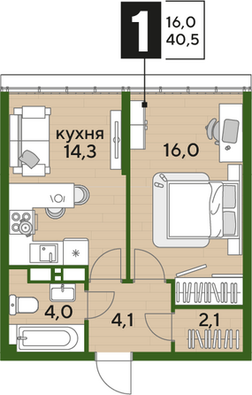 Планировка 1-комн 40,5 м²