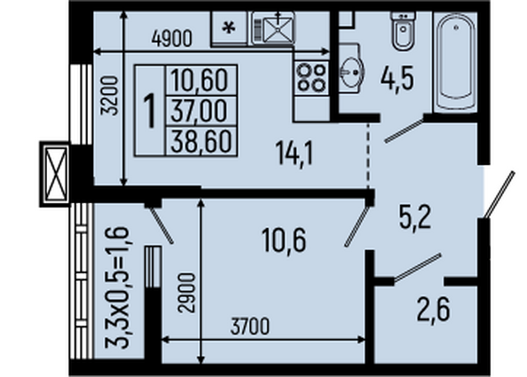 Планировка 1-комн 38,6 м²