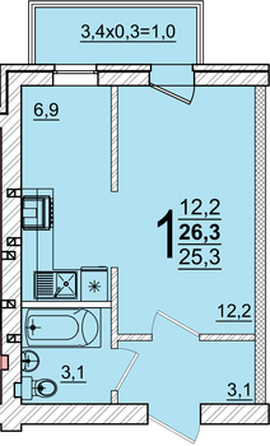 Планировка 1-комн 26,3 м²