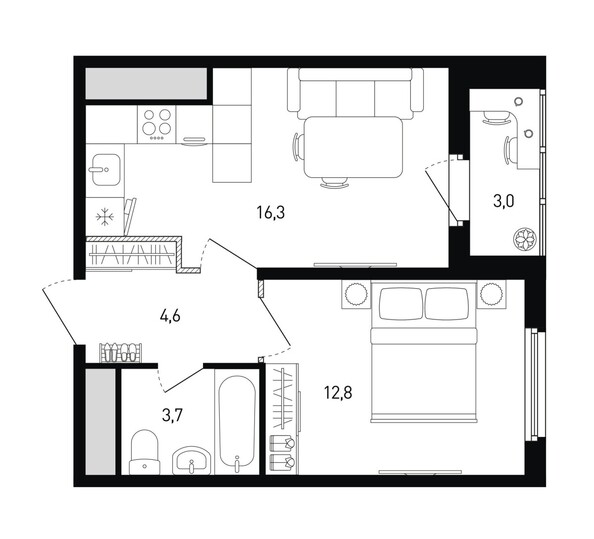 Планировка 1-комн 38,4, 39 м²