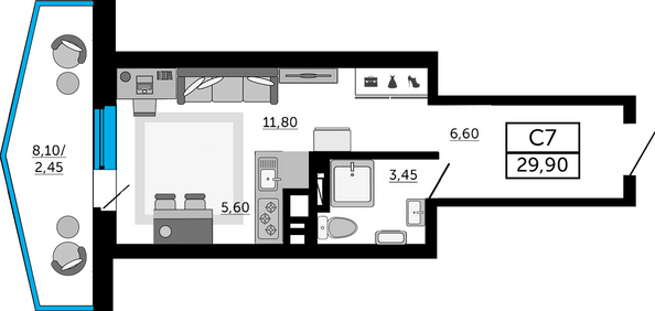 Планировка Студия 29,65, 29,9 м²