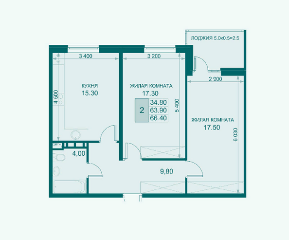 Планировка 2-комн 66,4, 66,9 м²