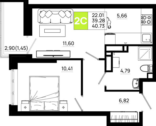 Планировка 1-комн 40,73 м²