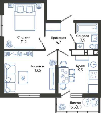Планировка 2-комн 43,2 - 45,1 м²