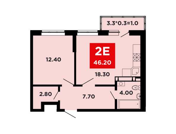 Планировка 1-комн 46,2, 46,3 м²