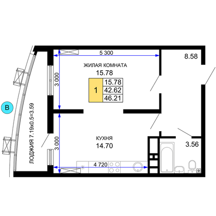 Планировка 1-комн 46,21 м²