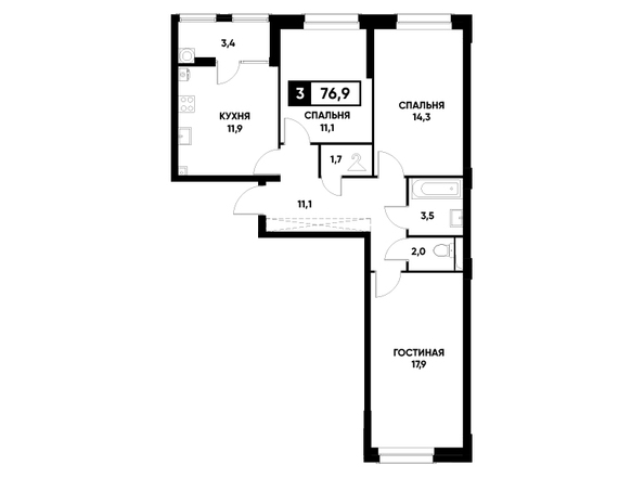 Планировка 3-комн 76,9 м²