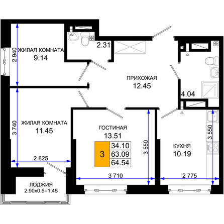 Планировка 3-комн 64,54 м²