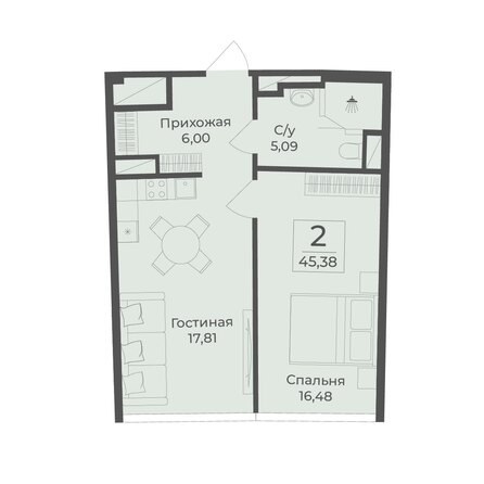 Планировка 1-комн 45,38 м²