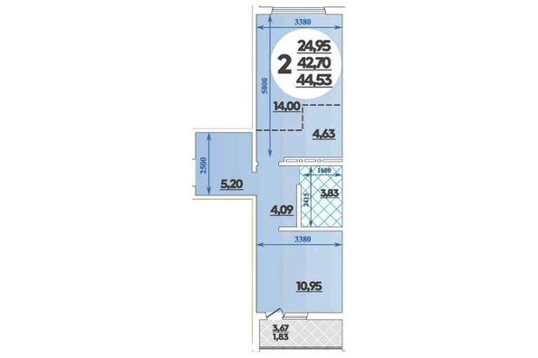 Планировка 2-комн 42,27, 44,53 м²