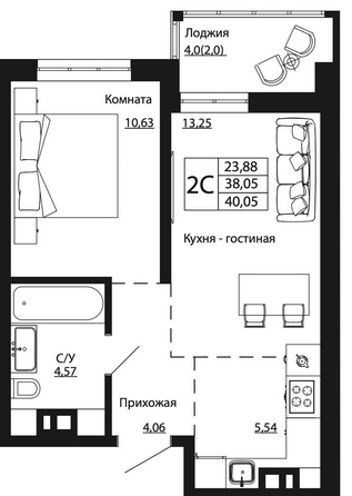 Планировка 2-комн 40,17 м²
