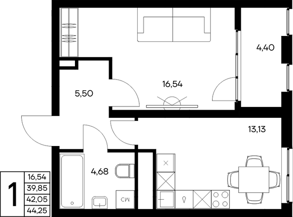 Планировка 1-комн 44,25 м²