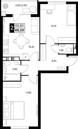 Планировка 2-комн 66,2 м²