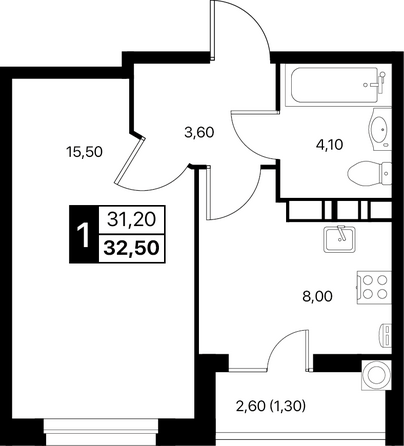 Планировка 1-комн 32,5 м²