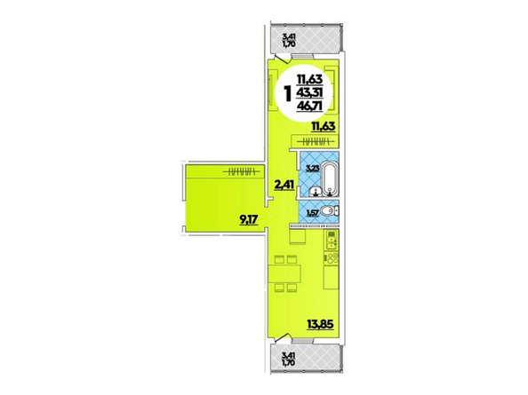 Планировка 1-комн 47,21 м²