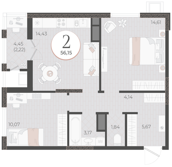 Планировка 2-комн 56,15 м²