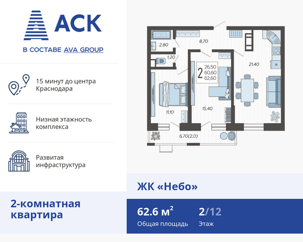 Планировка 2-комн 62,6 м²