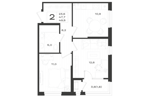 Планировка 2-комн 49,5 м²