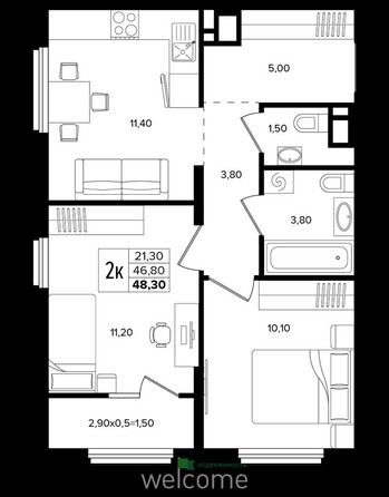 Планировка 2-комн 48,3 м²