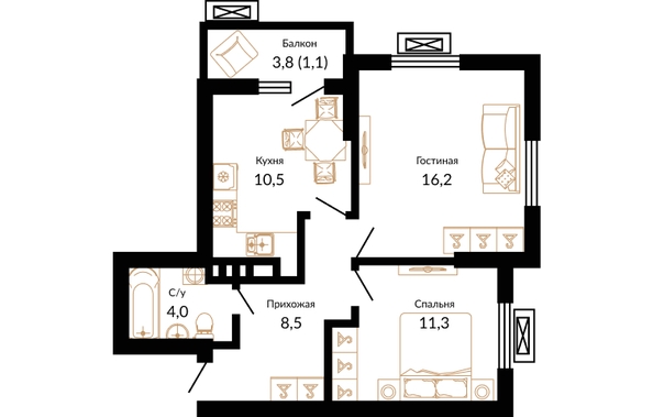 Планировка 2-комн 51,6 м²