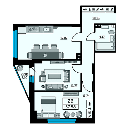 Планировка 2-комн 57,7 м²