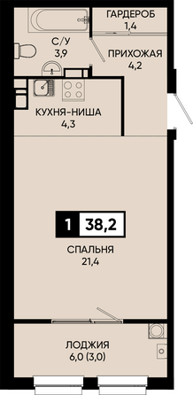 Планировка 1-комн 38,2, 38,5 м²