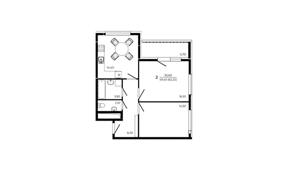 Планировка 2-комн 62,25 м²
