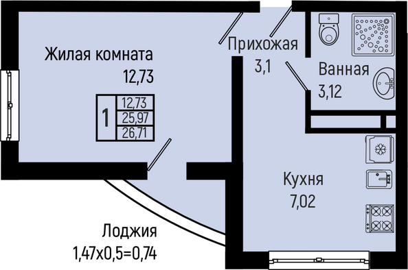 Планировка 1-комн 26,71 м²