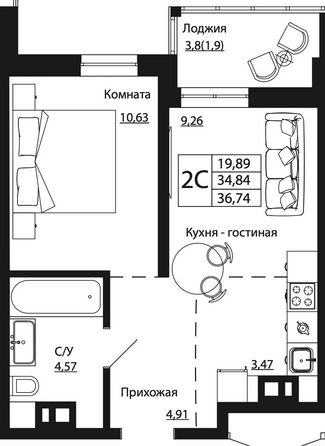 Планировка 2-комн 36,74 м²