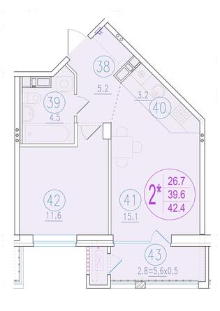 Планировка 2-комн 42,4, 42,9 м²