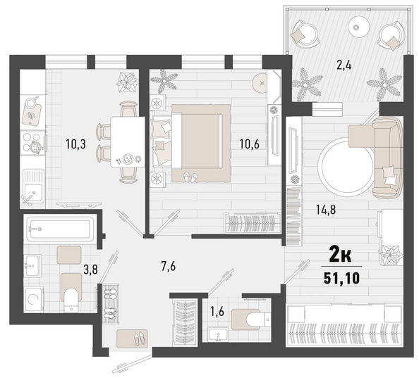 Планировка 2-комн 51,1 м²