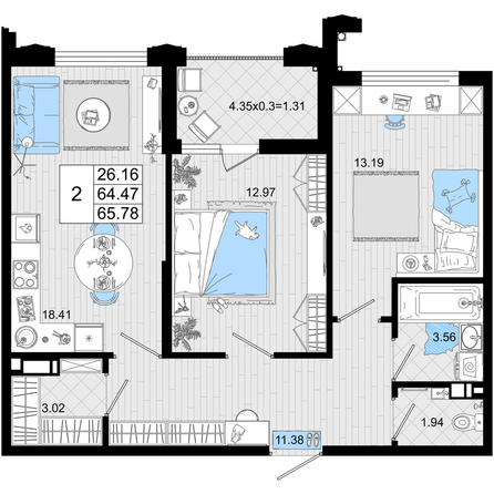 Планировка 2-комн 65,78 м²