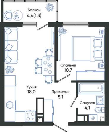 Планировка 1-комн 39,2 - 40,2 м²