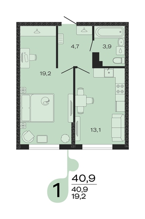 Планировка 1-комн 40,9 м²