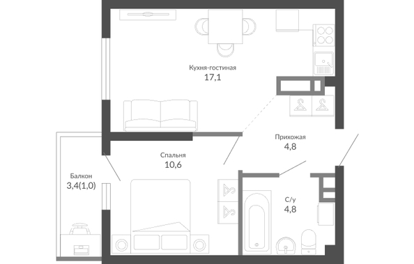 Планировка 1-комн 38,3 м²