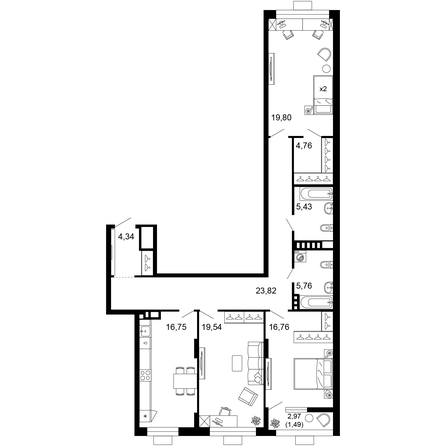 Планировка 3-комн 118,43 м²