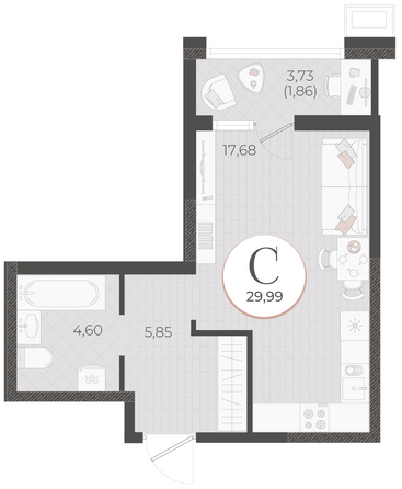 Планировка Студия 29,99 м²