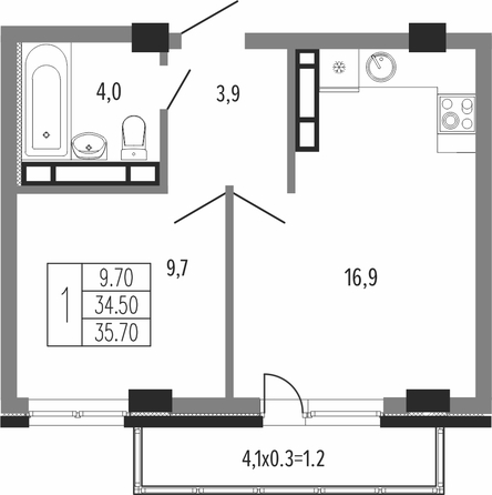 Планировка 1-комн 35,7 м²