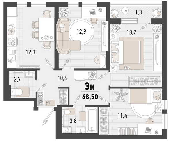 Планировка 3-комн 68,4, 68,5 м²